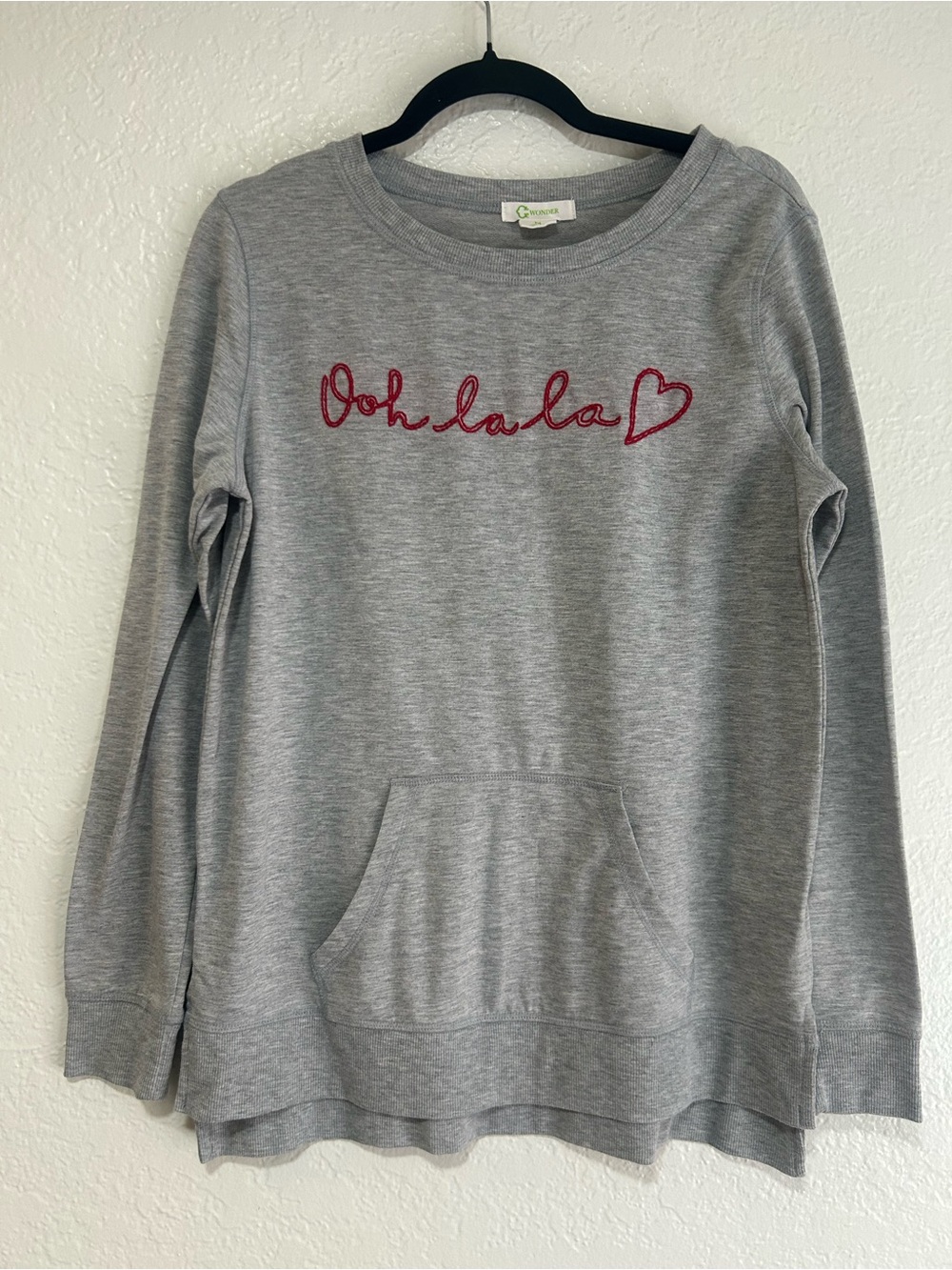 C. Wonder Gray Crewneck Sweater with Red “Ooh La La” Script